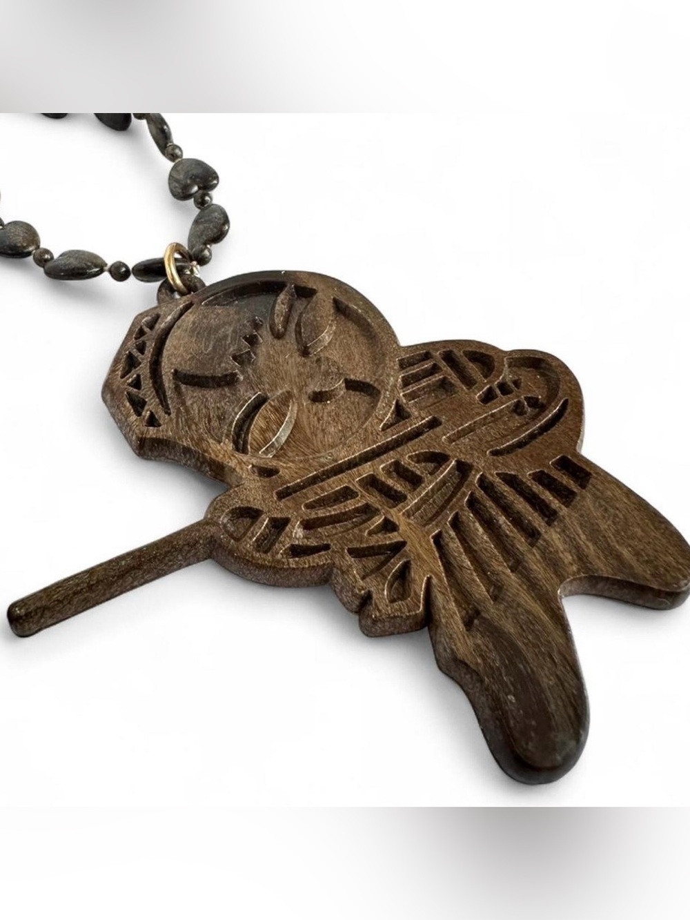 VTG 60s Hong Kong Faux Wood Statement Necklace-Tribal Warrior Pendant Tiki *Read